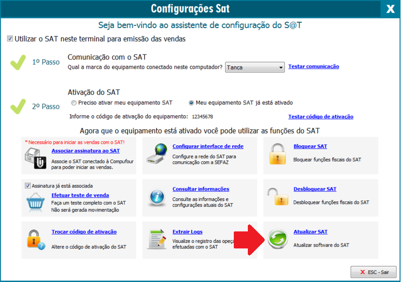 Botão Atualizar SAT nas Configurações do CFe SAT Botão Atualizar SAT
