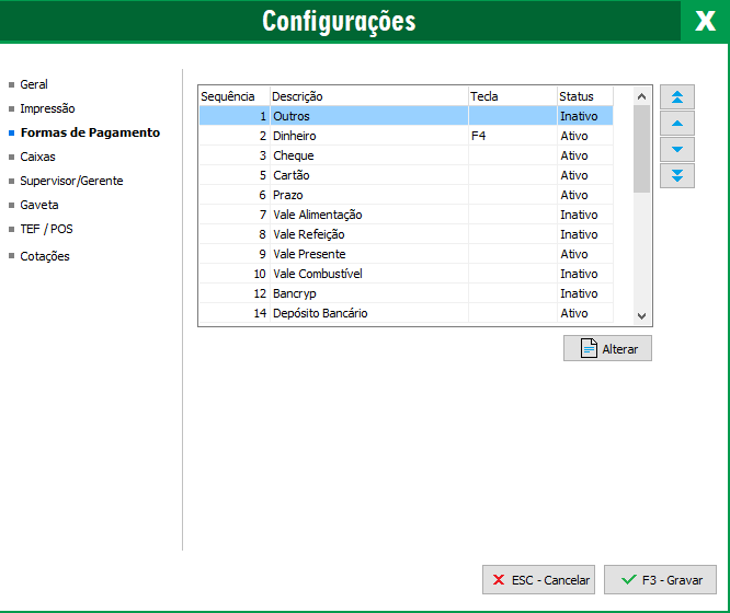 Aba Formas de Pagamento das Configurações Aba Formas de Pagamento