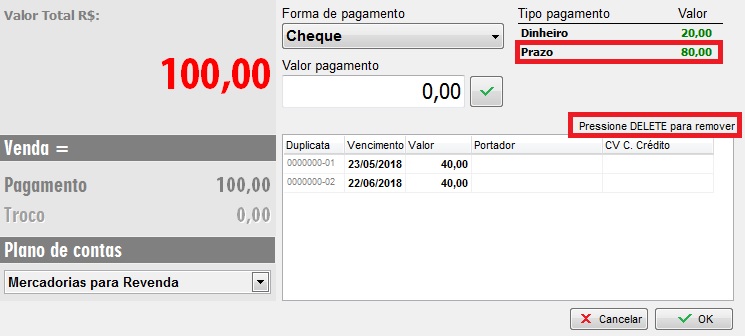 Exclusao de uma forma de pagamento com a tecla Delete Excluir forma de pagamento