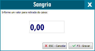 Janela para informar o valor da Sangria ou Suprimento