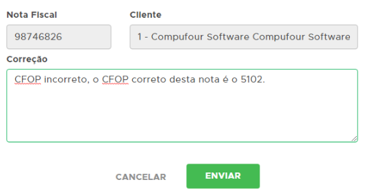 Campo para digitar o texto da correção da nota Texto da correção
