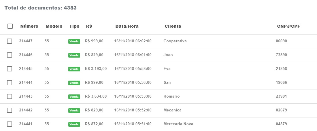 Relação dos documentos fiscais armazenados Lista de documentos armazenados