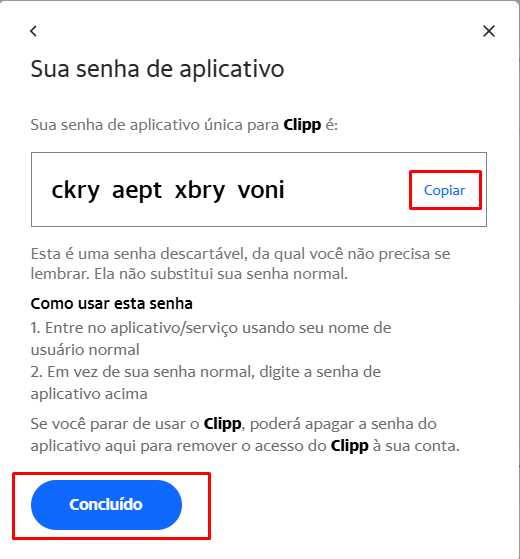 Senha de aplicativo gerada no Yahoo! Senha de aplicativo gerada