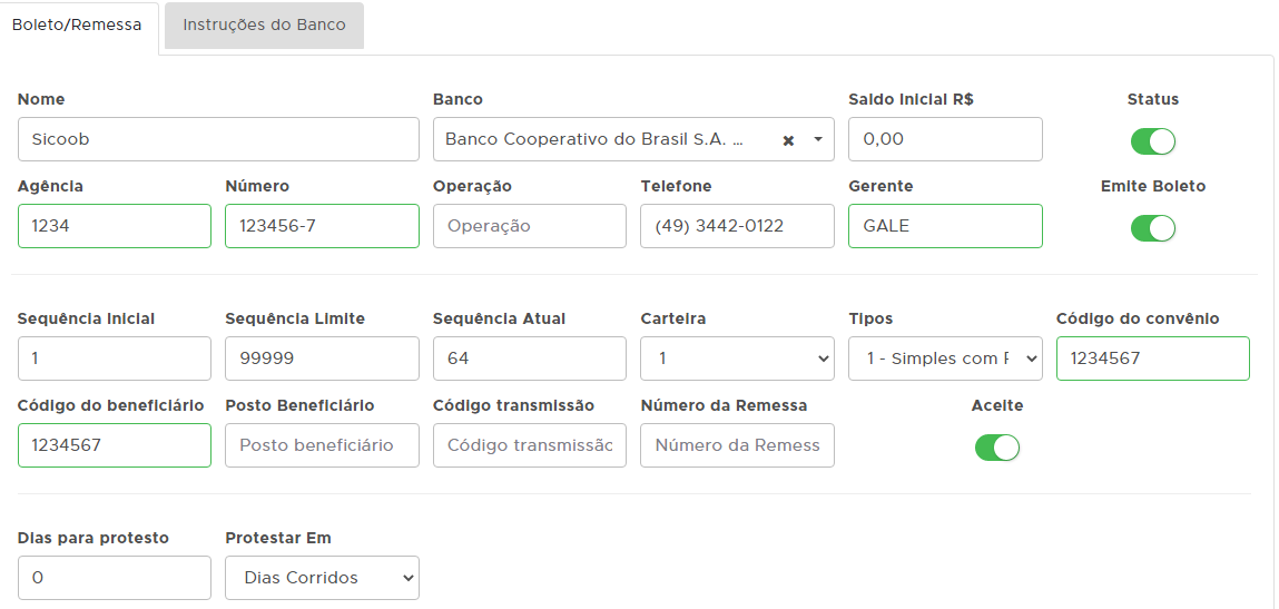 Campos principais para configuração do boleto Sicoob/Bancoob Campos do boleto Sicoob/Bancoob