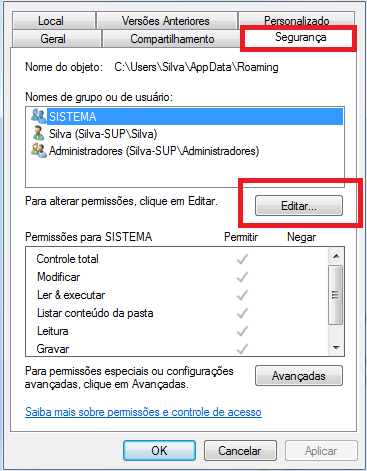 Aba Seguranca e botao Editar das permissoes Aba Seguranca Editar