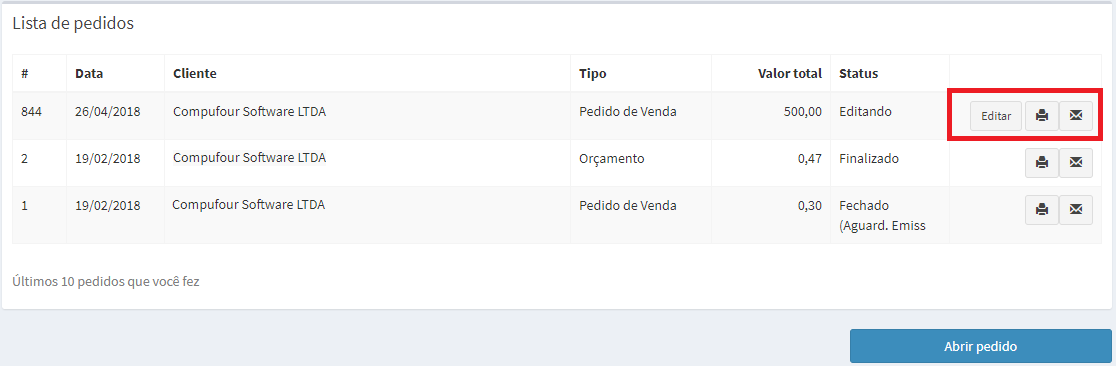 Opções de editar, imprimir ou enviar pedido por e-mail Editar e imprimir pedido no MeuClipp