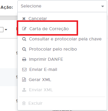 Opção Carta de Correção no botão Ações Opção Carta de Correção