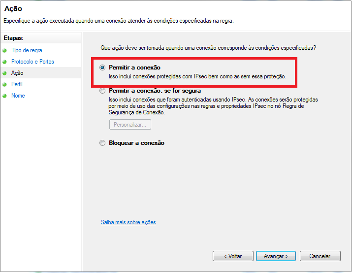 Opcao Permitir a Conexao na regra do Firewall Permitir a Conexao