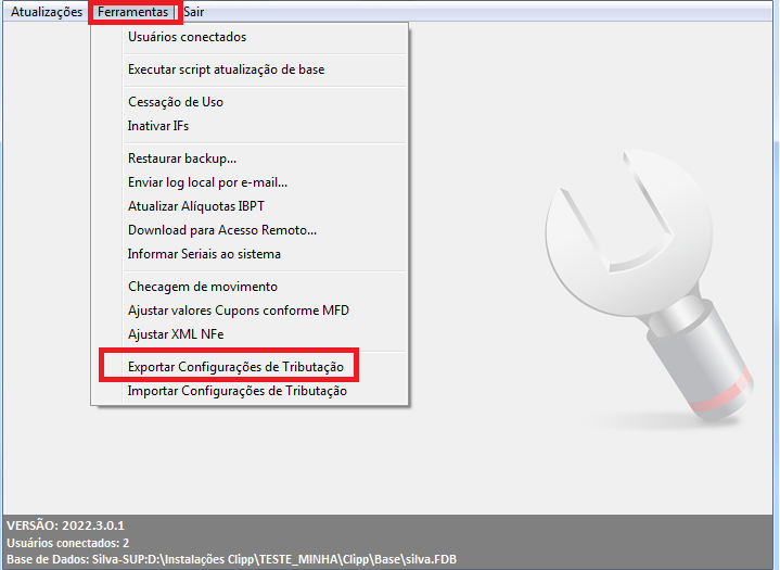 Opção Exportar Configurações de Tributação no SupportClipp Exportar configurações