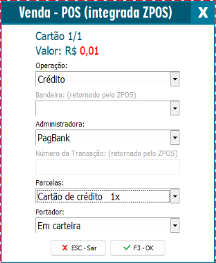 Opção Venda POS integrada ZPOS na forma de pagamento cartão Venda POS integrada ZPOS
