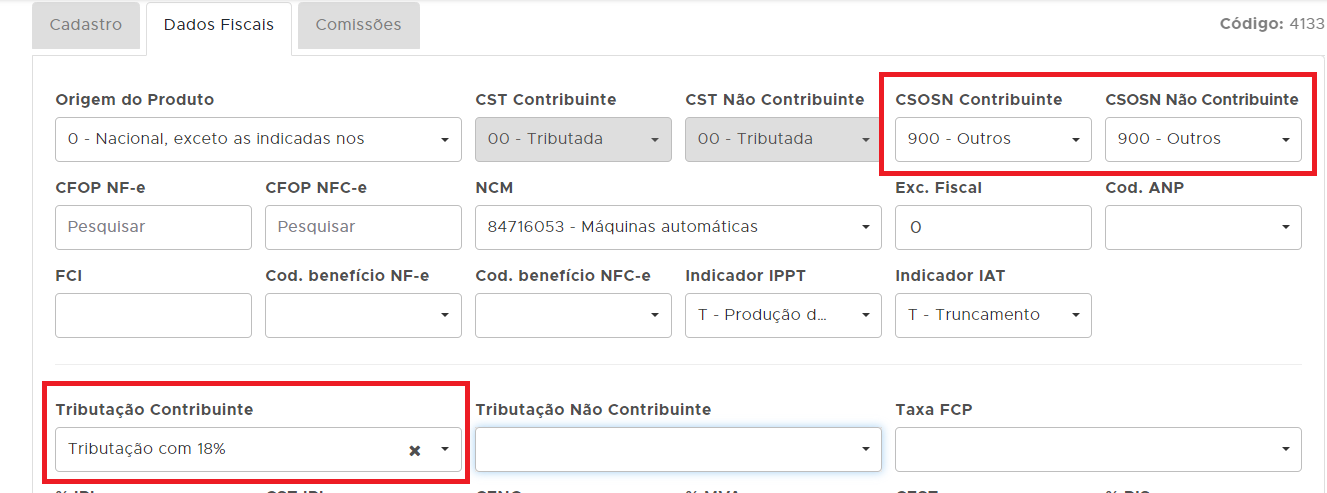Aba Dados Fiscais com o CSOSN 900 e a tributação do item Dados Fiscais com CSOSN 900