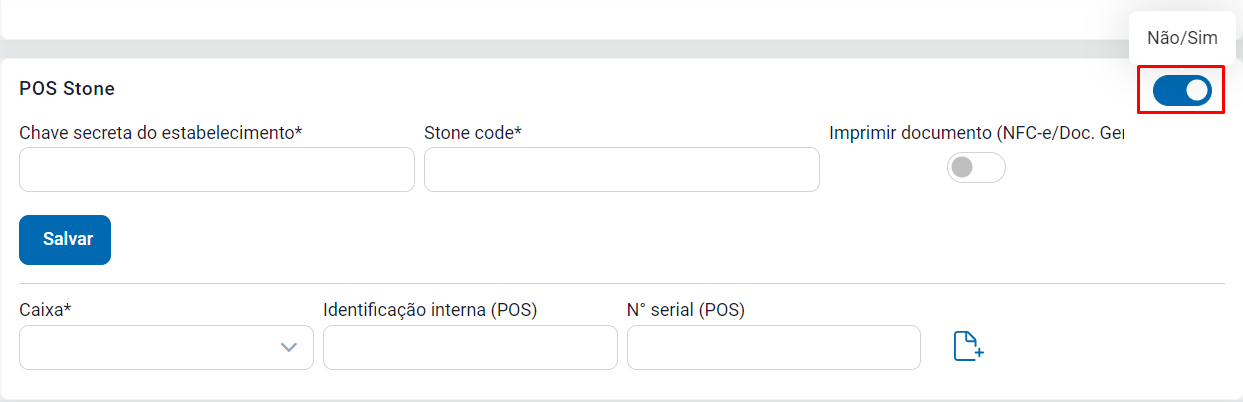 Opção TEF/POS - Stone marcada nas configurações Opção TEF/POS - Stone