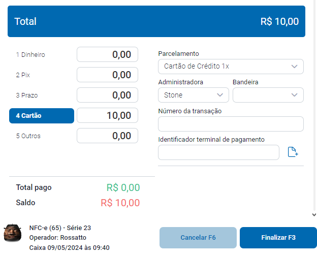 Seleção da administradora de cartão Stone na venda Administradora Stone na venda