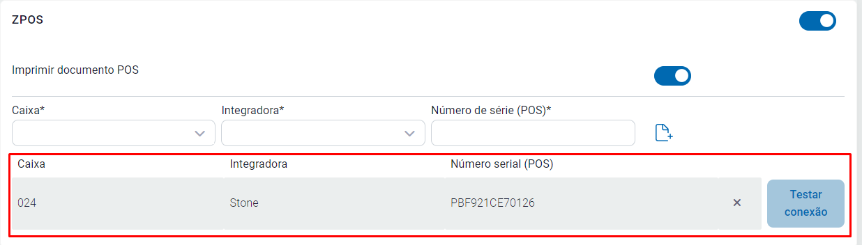 Maquininha Stone adicionada na configuração do ZPOS Maquininha adicionada no ZPOS