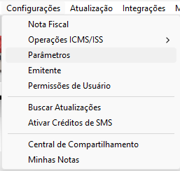 Acesso a Configuracoes, Parametros e Nota fiscal no ClippPro Menu Configuracoes Parametros Nota fiscal