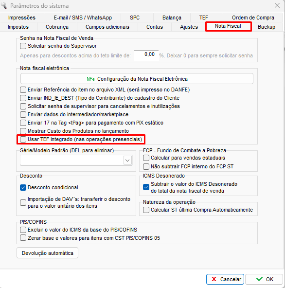 Opcao Usar TEF Integrado marcada na aba Nota fiscal Opcao Usar TEF Integrado