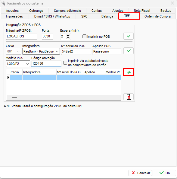 Aba TEF para configuracao da PagSeguro Aba TEF PagSeguro