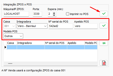 Campos de configuracao e teste de conexao do ZPOS Vero/Banrisul Configuracao ZPOS Vero Banrisul