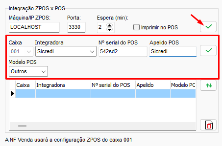 Campo Integradora Sicredi com numero de serie e modelo Configuracao Integradora Sicredi