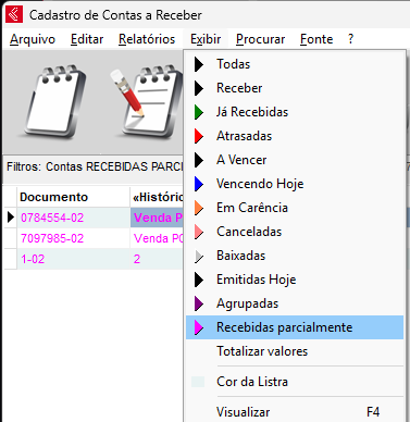 Opcao Exibir - Recebidas parcialmente no contas a receber Exibir contas recebidas parcialmente
