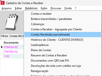 Relatorio de Contas recebidas parcialmente por data Relatorio de contas parciais