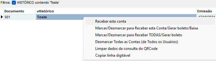 Opcao Receber esta conta pelo botao direito do mouse Receber esta conta