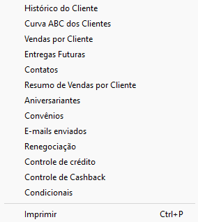 Menu Relatórios do módulo de Clientes Menu Relatórios de Clientes