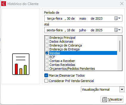Opções do relatório Histórico do Cliente Relatório Histórico do Cliente