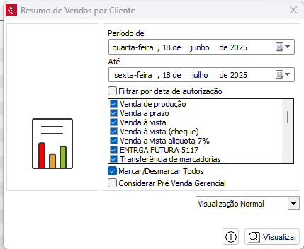 Opções do relatório Resumo de Vendas por Cliente Relatório Resumo de Vendas por Cliente