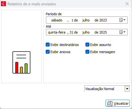 Opções do relatório de E-mails Enviados Relatório E-mails Enviados