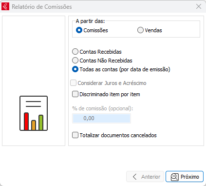 Relatório de comissões por comissões ou por vendas Relatório de comissões
