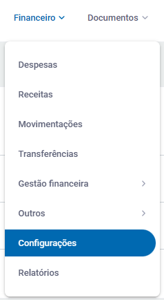 Menu Financeiro - Configurações no Zweb Financeiro Configurações