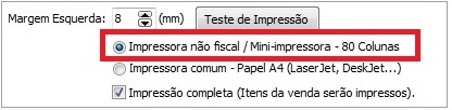 Opção Impressora não fiscal - 80 Colunas no emissor Impressora não fiscal 80 Colunas