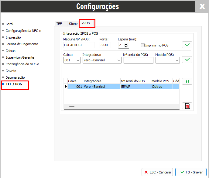 Aba ZPOS dentro de Configurações TEF/POS no PDV Aba ZPOS