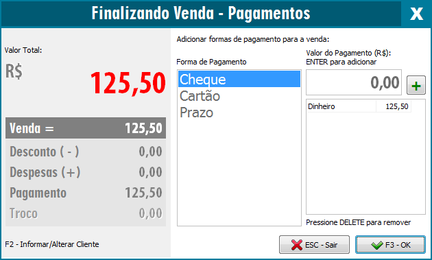 Seleção da forma de pagamento na venda à vista Forma de pagamento do SAT