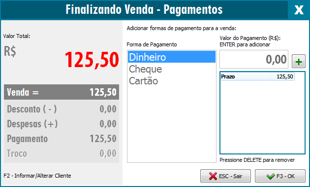Seleção e divisão das formas de pagamento da venda Formas de pagamento