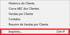 Menu Relatórios com a opção Imprimir do relatório de clientes Opção Imprimir relatório de clientes