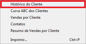 Opção Histórico do Cliente no menu Relatórios Opção Histórico do Cliente
