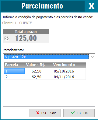Informação do parcelamento da venda a prazo Parcelamento da venda a prazo