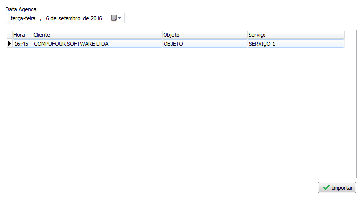 Janela de importação do agendamento para a OS Janela de importação do agendamento