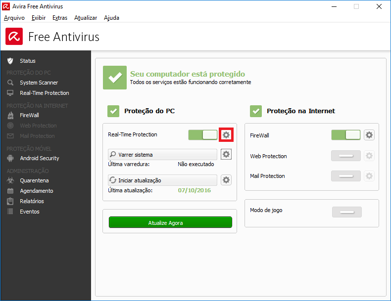 Tela inicial do Avira com o Real-Time Protection Tela inicial do Avira