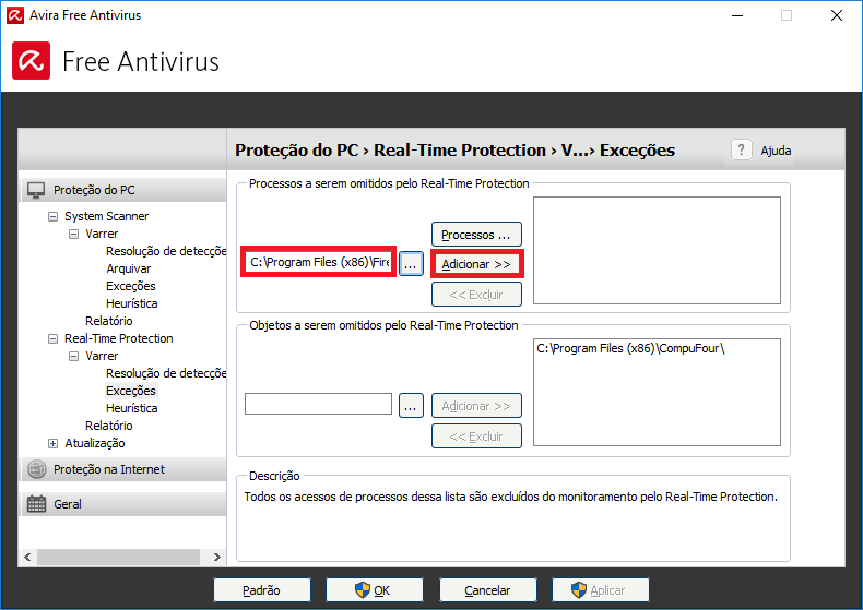 Adicionar o processo do Firebird nas exceções Adicionar processo Firebird