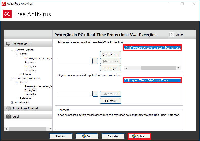 Os dois caminhos definidos nas exceções do Avira Caminhos definidos