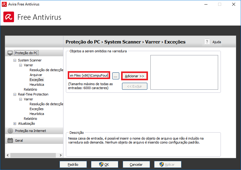 Adicionar a pasta Compufour no System Scanner Adicionar Compufour no System Scanner