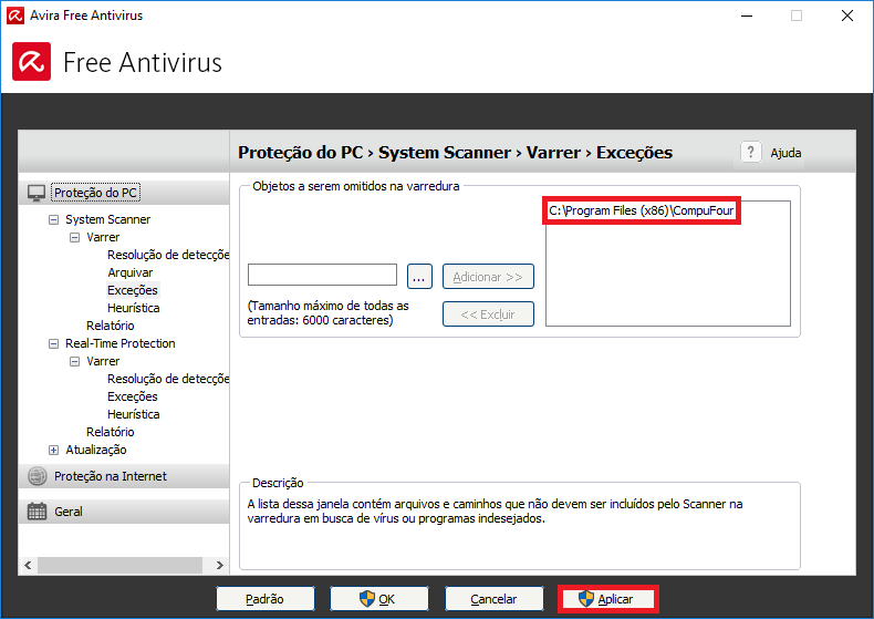 Aplicar as alterações no System Scanner do Avira Aplicar no System Scanner