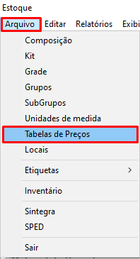 Menu Cadastros - Tabela de Preços Cadastros - Tabela de Preços
