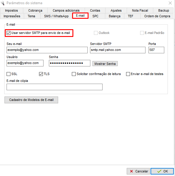 Opção Usar Servidor SMTP para envio de e-mails no ClippStore Configuração SMTP no ClippStore