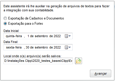 Opção Exportação para o Fortes com datas inicial e final no Contábil.exe Opção Exportação para o Fortes
